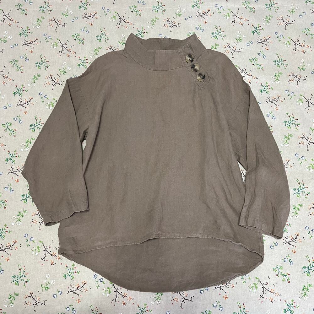 Zara Mock Neck Linen Blend Tunic Blouse Olive Brown Small Oversized Long Sleeve
